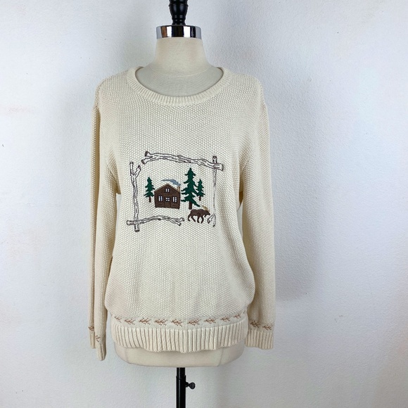 Cabela’s Women’s Size L Cream Perl Knit Embroidered Sweater Pullover Log Cabin - Picture 1 of 8